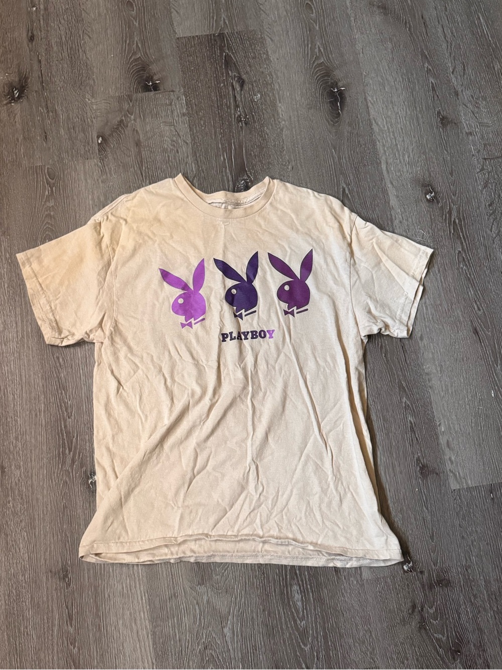 PLAYBOY Cream Tee with Purple Bunny Trio